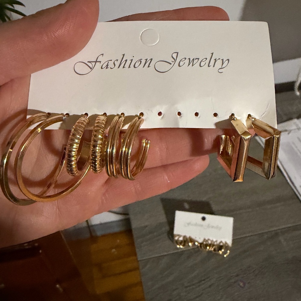 Gold Hoop and Square Earrings Set